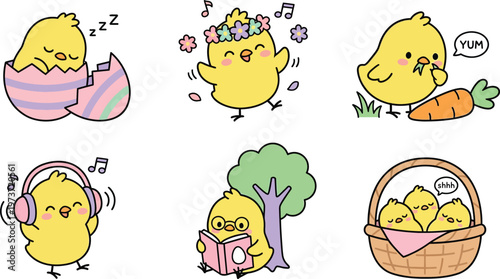 Cute yellow baby chicks in various activities including sleeping in pastel egg dancing with flowers wearing headphones reading book under tree and resting quietly in basket with soft cartoon style