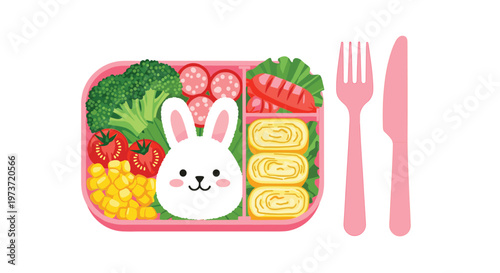 Creative childs bento box meal features a cute rabbit-shaped rice ball surrounded by healthy vegetables, sausages, and rolled omelets.