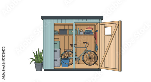 Open metal garden shed displays organized storage for a bicycle, various boxes, and tools with a potted aloe plant sitting just outside.