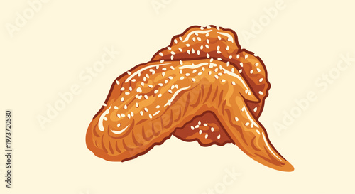 Delicious crispy fried chicken wing is coated in a golden brown batter and sprinkled with white sesame seeds on a warm cream background.