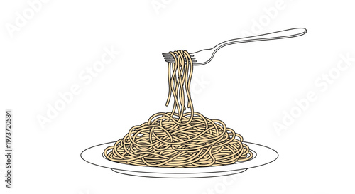 Plate of delicious spaghetti pasta is shown with several strands being lifted by a silver fork to highlight the simple and tasty meal.