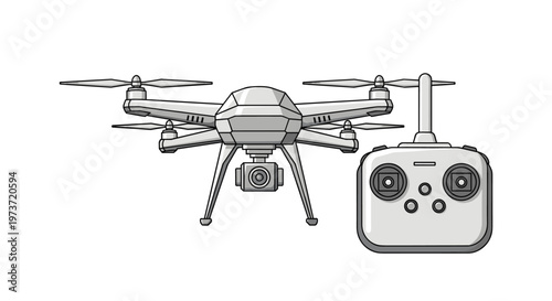 Modern silver quadcopter drone is presented alongside its black and white remote control unit on a clean and simple white background.