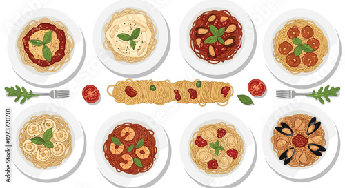 Collection of various delicious pasta dishes including spaghetti with tomato sauce and seafood served on white plates.
