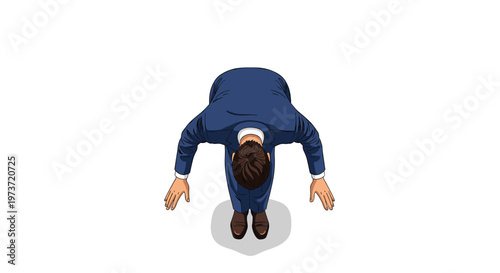 High angle view of a professional businessman in a blue suit performing a deep bow as a gesture of respect or apology.
