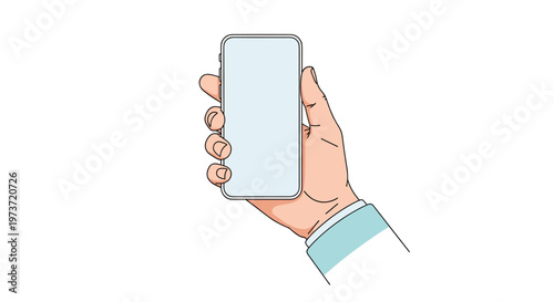 Close up of a hand holding a modern smartphone with a blank light blue screen for mobile app display and mockup design.