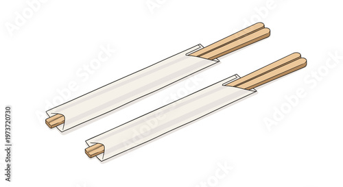 Two sets of wooden disposable chopsticks in white paper sleeves ready for use in traditional asian dining experiences.