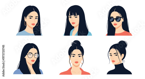 Set of six diverse female portraits featuring different hairstyles, glasses, and accessories for profile representations.