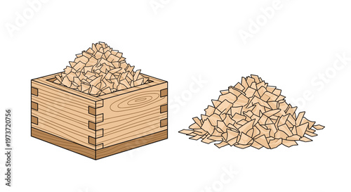 Square wooden box filled with wood flakes next to a separate pile of shavings for industrial or woodworking craft themes.