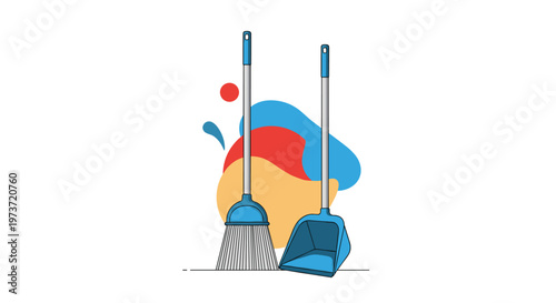 Cleaning tools including a blue broom and dustpan set with colorful abstract artistic shapes in the background.