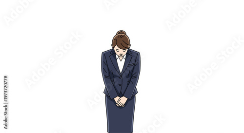 Formal portrait of a professional businesswoman in a dark suit performing a deep bow of respect or sincere apology.
