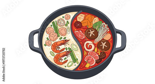 Traditional chinese hot pot divided into two sections with spicy and mild broths and assorted fresh ingredients.