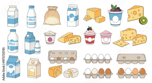 Large set of various daily dairy products including milk cartons, cheese, yogurt, and cartons of fresh white eggs.