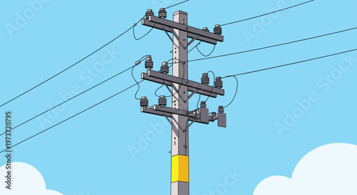 Concrete utility pole with multiple electrical power lines against a clear blue sky with fluffy white clouds.