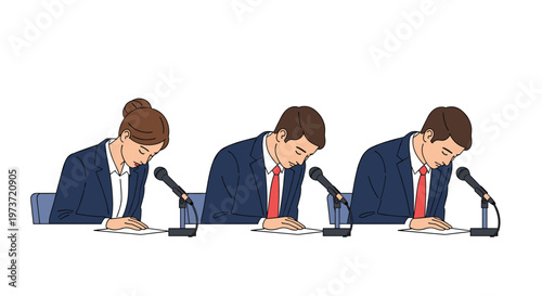 Three business professionals in suits bowing deeply behind microphones at a press conference show a formal gesture of apology or deep respect.