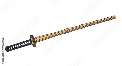 Traditional Japanese bamboo sword known as a shinai is used in kendo practice and features a leather grip and guard for martial arts training.