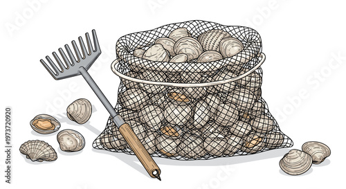Large mesh bag filled with fresh clams is shown next to a rake used for shellfish harvesting on the beach during a traditional clamming activity.