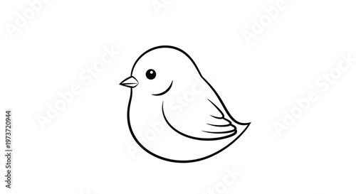Simple black and white line drawing of a small plump bird facing left shows a minimalist design suitable for coloring or as a basic animal icon.