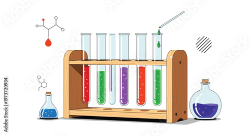 Laboratory test tube rack holding six glass tubes with different colored liquids and chemical apparatus represents scientific research or study.