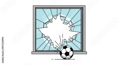 Shattered glass window pane with a large hole and a soccer ball sitting at the bottom illustrates accidental damage caused by playing sports.