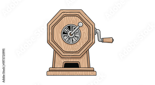 Traditional wooden lottery machine with a crank handle and numbered wheels is used for picking winning tickets during festivals or raffle events.