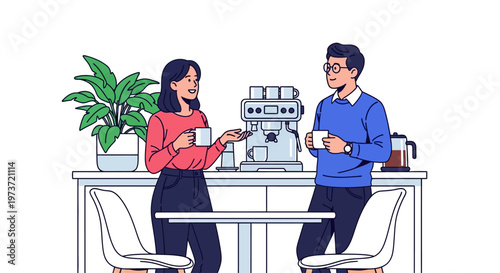 Colleagues Talking Near Modern Office Coffee Station