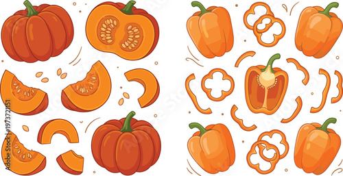 Pumpkin and Bell Pepper Vector Set with Whole and Sliced Vegetables Cartoon Style for Food Illustration Cooking Design and Healthy Nutrition Concepts