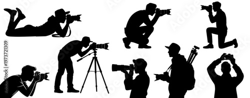 Set of photographer with camera silhouettes in different shooting poses, professional photo session and media production concept, isolated black figures for poster or banner design