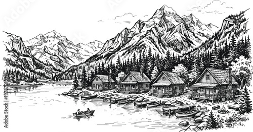 Isolated on Mountain lake cabins ink sketch vector art on white background