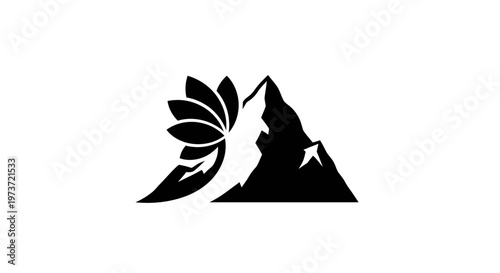 Mountain peak with leafy silhouette logo design.