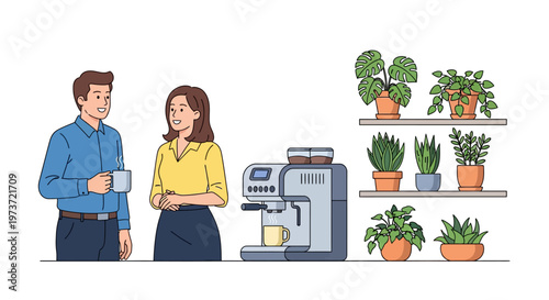 Happy Coworkers Chatting by Office Coffee Machine