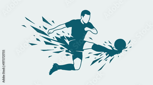 Dynamic illustration of a soccer player kicking a ball with shattered effect