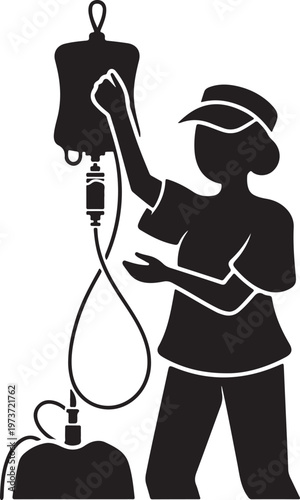 Nurse Delivering Antibiotic IV Infusion Silhouette