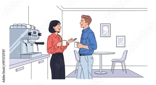 Office Coworkers Laughing by Espresso Machine