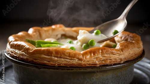 Close up view of individual chicken pot pie showing layered puff pastry and fresh green peas interior