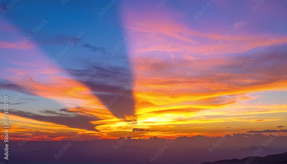 Fototapeta premium A colorful sunset over the ocean in Thailand, with vivid orange and pink skies reflecting on gentle waves and a distant boat silhouetted.