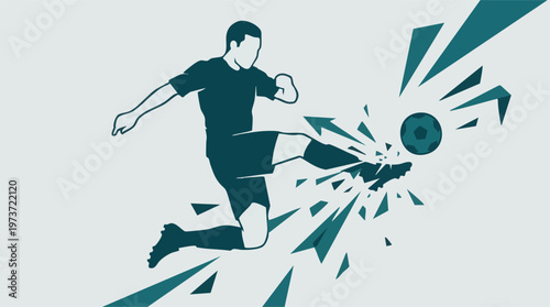 Dynamic illustration of a soccer player striking a football with force