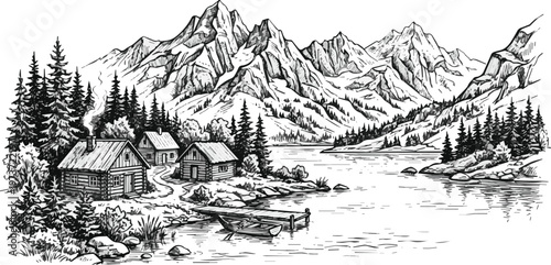 Isolated on Lakeside cabins mountain landscape ink sketch vector art on white background