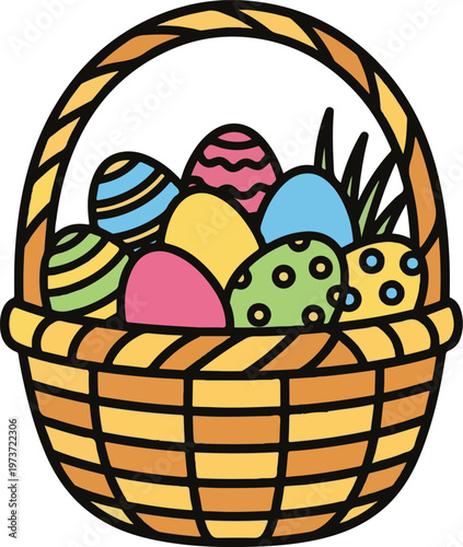 Easter Basket Full of Decorated Colorful Eggs with Polka Dots and Stripes