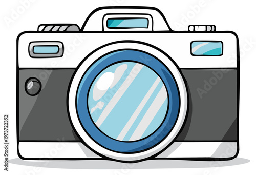 Illustrated vintage photo camera with a big blue lens in a fun cartoon style