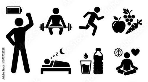 Healthy Living Vector Icons Exercise Diet Water Sleep Balance Concept