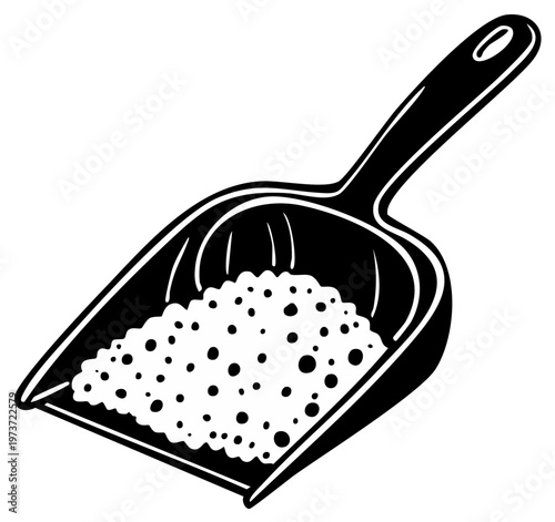 Graphic illustration of a black scoop filled with granules for cleaning.