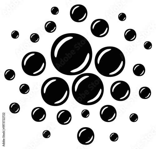 Abstract geometric arrangement featuring varying sized black circles. Simple illustration of clustered spherical shapes isolated on white background.