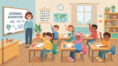 A diverse group of children in a classroom.