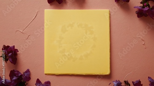 Blank yellow invitation card template with floral frame on vintage pink textured paper with purple flower accents for romantic wedding stationery mockup