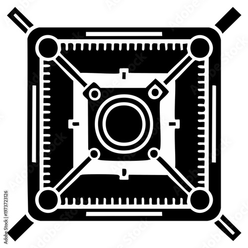 Abstract illustration of a black and white geometric mechanical device or component