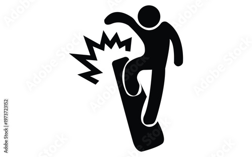 Minimalistic stick figure skateboarding accident icon on plain white background.