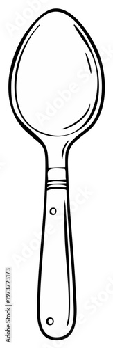 Isolated black and white line art illustration of a metal eating utensil a common kitchen spoon