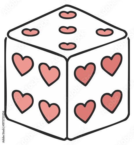 Hand-drawn illustration of a six-sided die with heart symbols instead of dots
