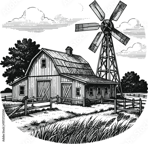 Generated on Farm barn and windmill rural scene vintage engraving vector art on white background