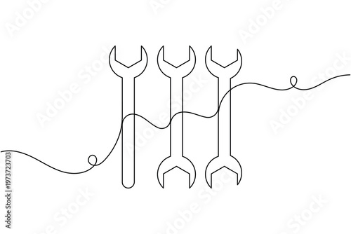 Three different wrench icon continuous one line drawing single art on white background minimalist industrial equipment symbol outline vector illustration